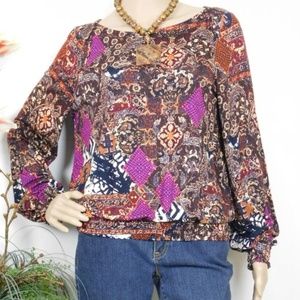 Cupio Smocked Top Boho Peasant Long Sleeve M New
